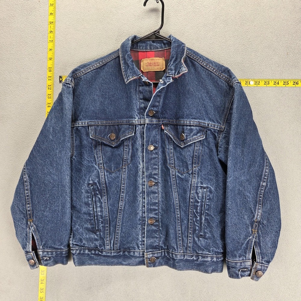 Vintage 80s Levi's 57510-0516 Denim Trucker Jacket Large USA Made Plaid Lined